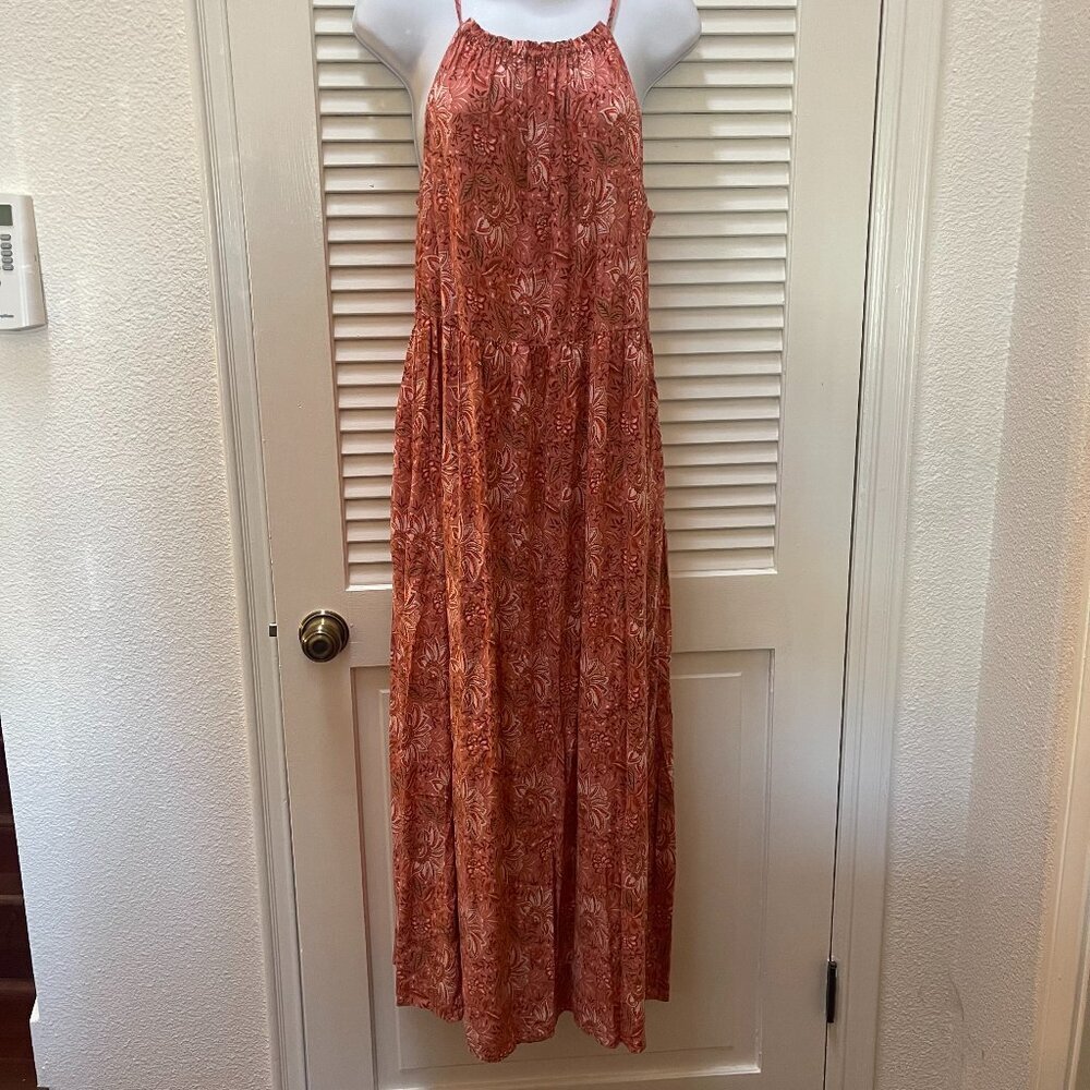 Old Navy Boho Floral Maxi Dress M Coral Flowy Beach Vacation - Picture 1 of 8